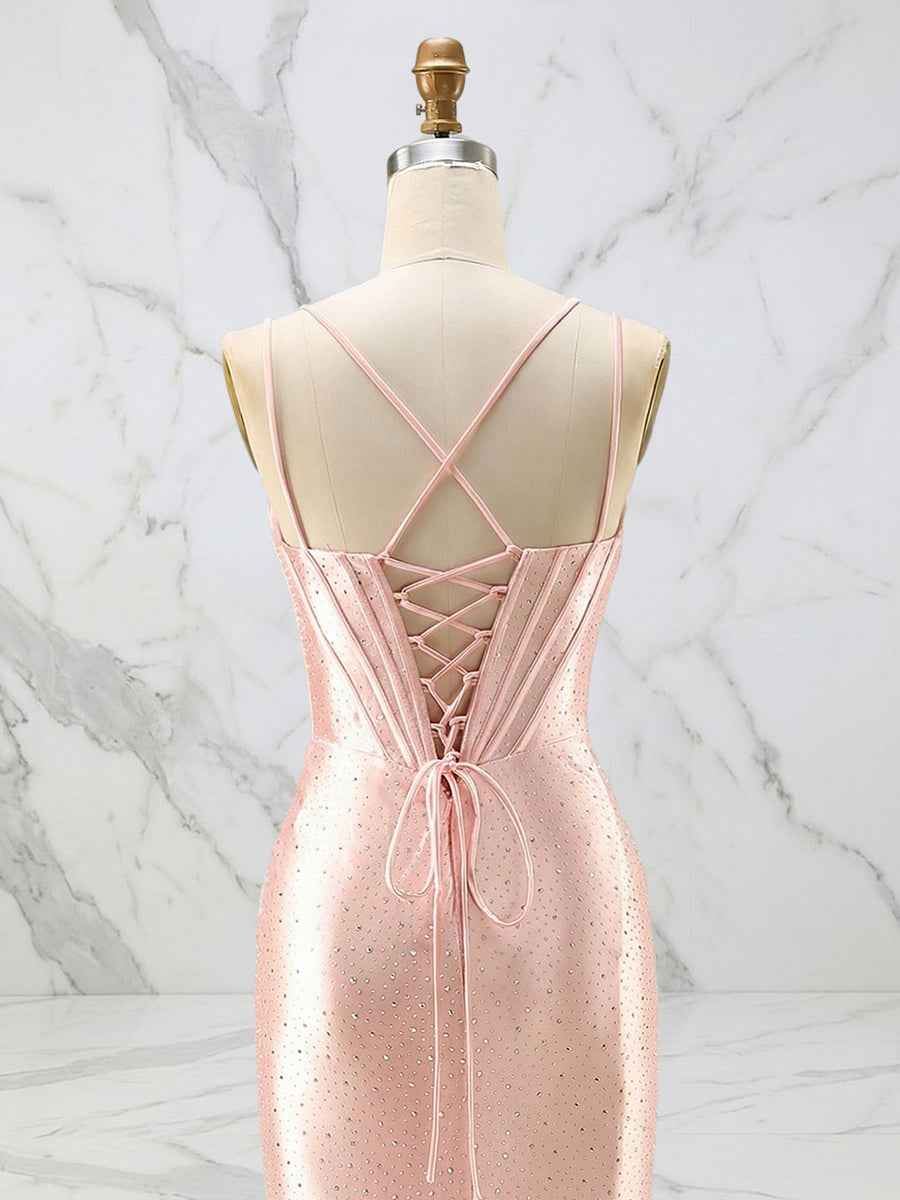 Glamorous Pink Shimmer Satin Corset Prom Dress with Crystal Bust