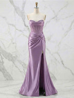 Glamorous Champagne Strapless Crystal Corset Satin Prom Dress with High Slit