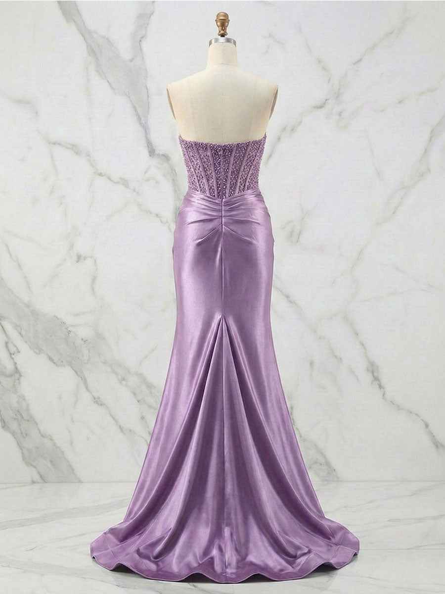 Glamorous Champagne Strapless Crystal Corset Satin Prom Dress with High Slit