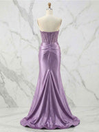 Glamorous Champagne Strapless Crystal Corset Satin Prom Dress with High Slit