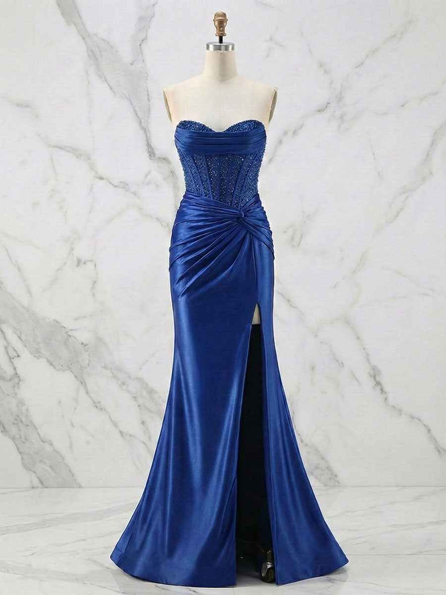 Glamorous Champagne Strapless Crystal Corset Satin Prom Dress with High Slit