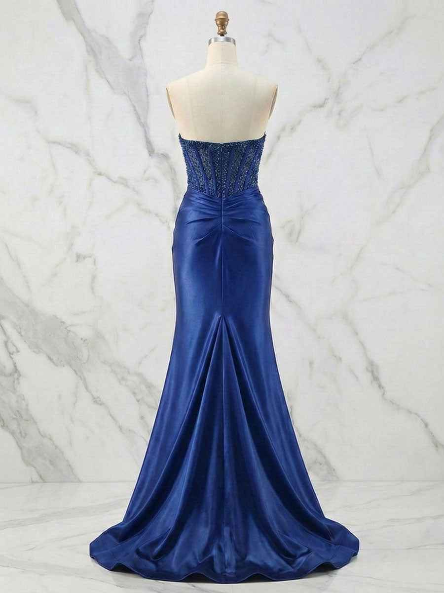 Glamorous Champagne Strapless Crystal Corset Satin Prom Dress with High Slit