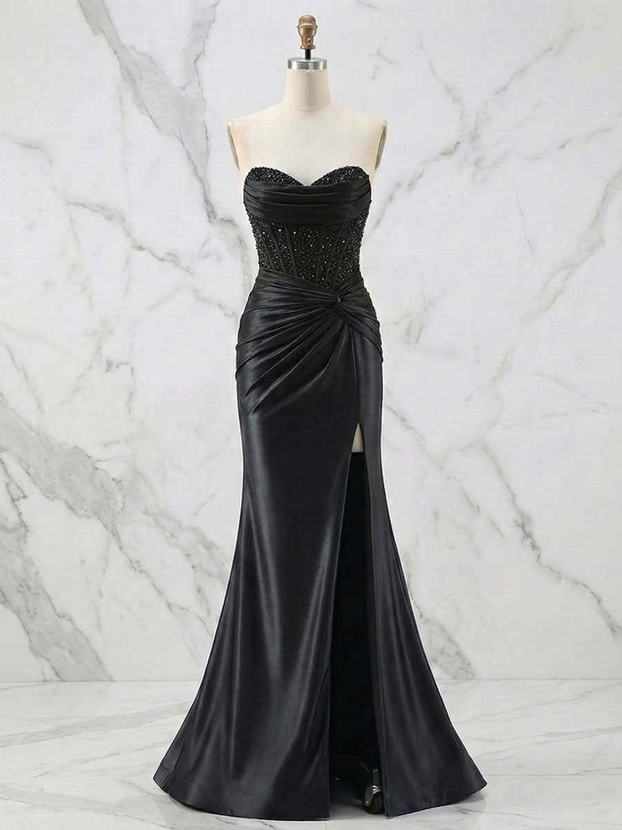 Glamorous Strapless Beaded Corset Satin Prom Dress with Slit