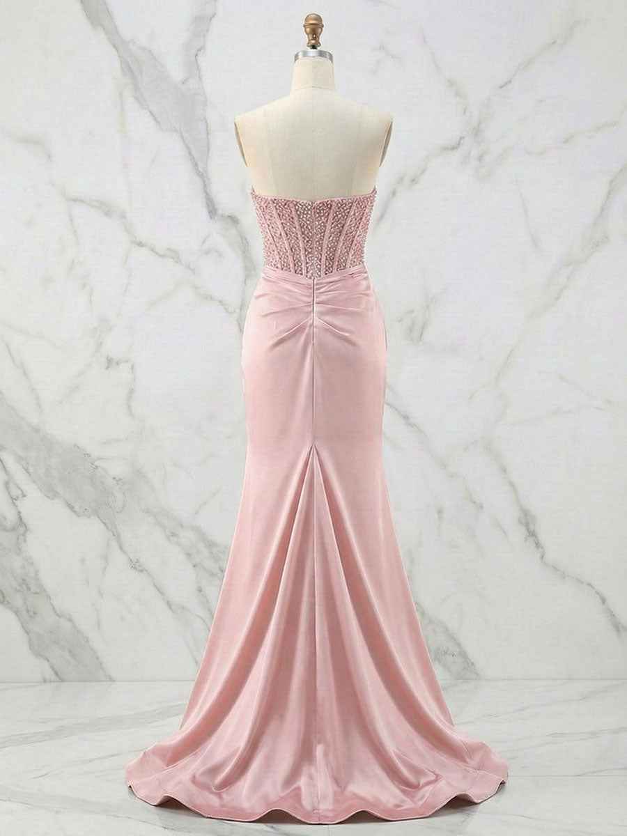 Glamorous Strapless Beaded Corset Satin Prom Dress with Slit