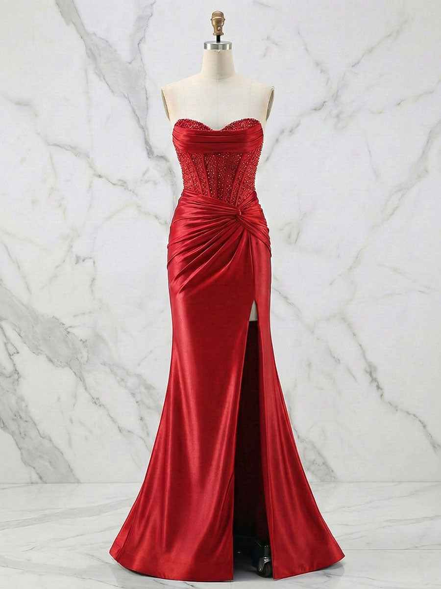 Glamorous Champagne Strapless Crystal Corset Satin Prom Dress with High Slit