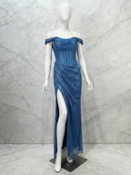 Glamorous Royal Blue Sequin Off-the-Shoulder Corset Prom Dress with Slit