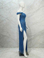 Glamorous Royal Blue Sequin Off-the-Shoulder Corset Prom Dress with Slit