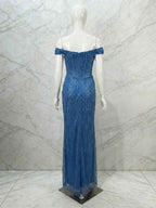 Glamorous Royal Blue Sequin Off-the-Shoulder Corset Prom Dress with Slit