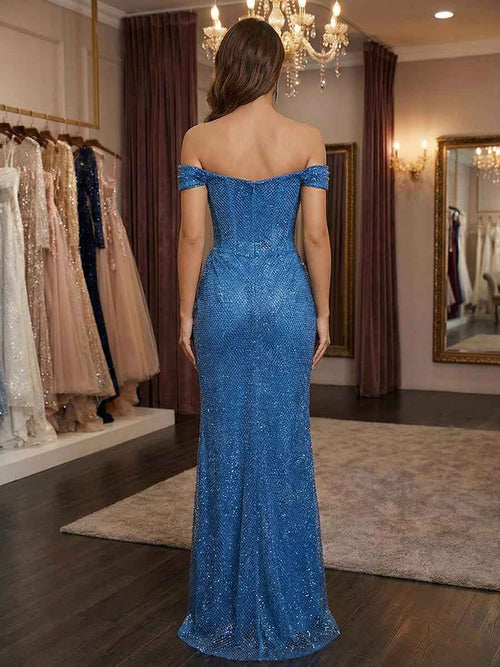 Glamorous Royal Blue Sequin Off-the-Shoulder Corset Prom Dress with Slit BMBRIDE