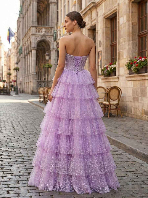 Glitter Lavender Strapless Beaded Corset Tiered Prom Dress BMBRIDE