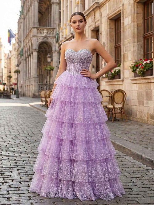 Glitter Lavender Strapless Beaded Corset Tiered Prom Dress BMBRIDE
