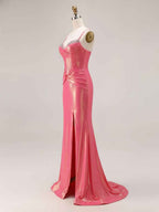 Glitter Mermaid Pleated Corset Long Prom Dress with Slit