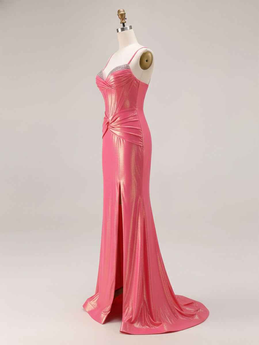 Glitter Mermaid Pleated Corset Long Prom Dress with Slit