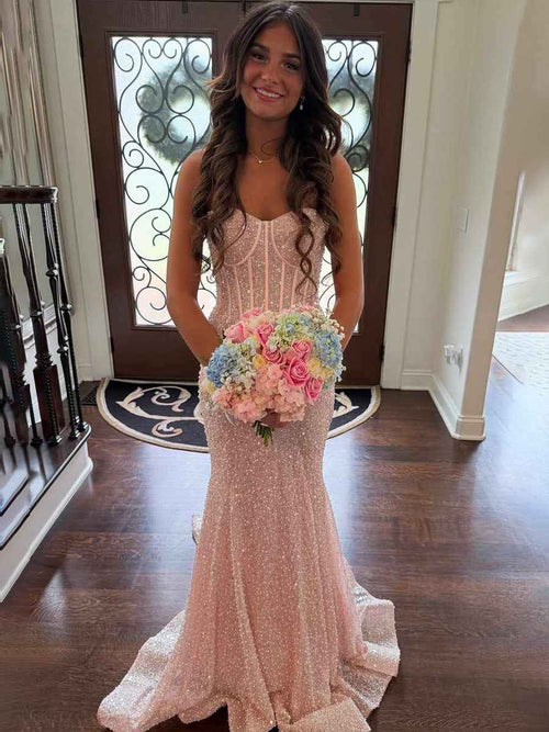 Glitter Pink Mermaid Strapless Sweethear Long Prom Dress with Train BMBRIDE