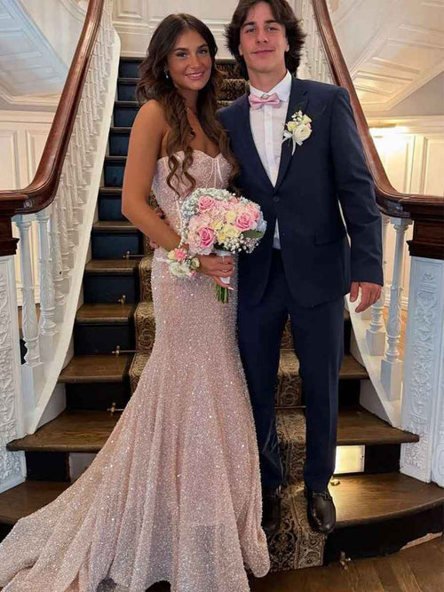 Glitter Pink Mermaid Strapless Sweethear Long Prom Dress with Train BMBRIDE