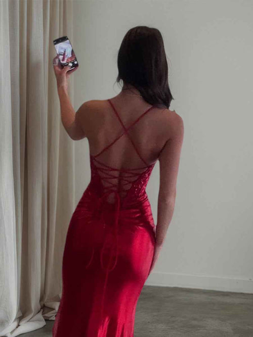 Glitter Red Ruched Satin Long Prom Dress with Slit BMBRIDE