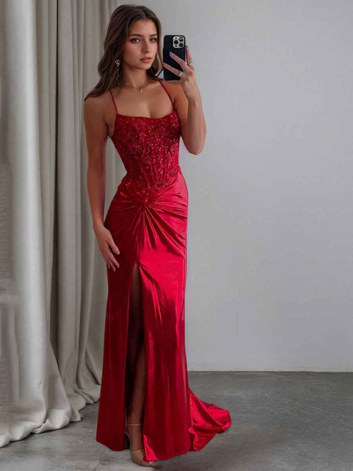 Glitter Red Ruched Satin Long Prom Dress with Slit BMBRIDE