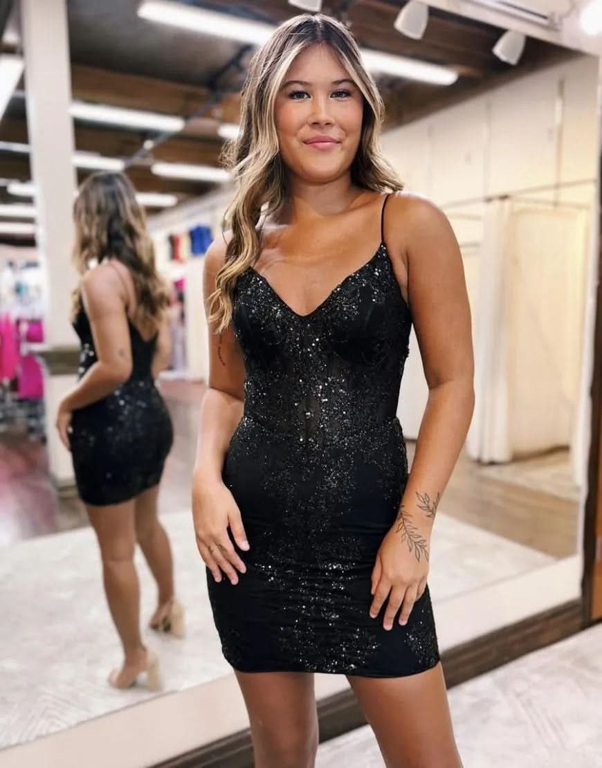 Chic Sheath V-neck Spaghetti Straps Bodice Mini Short Homecoming Dress BM bride