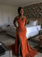 Glitter Strapless Mermaid Sequined Long Prom Dress with Slit