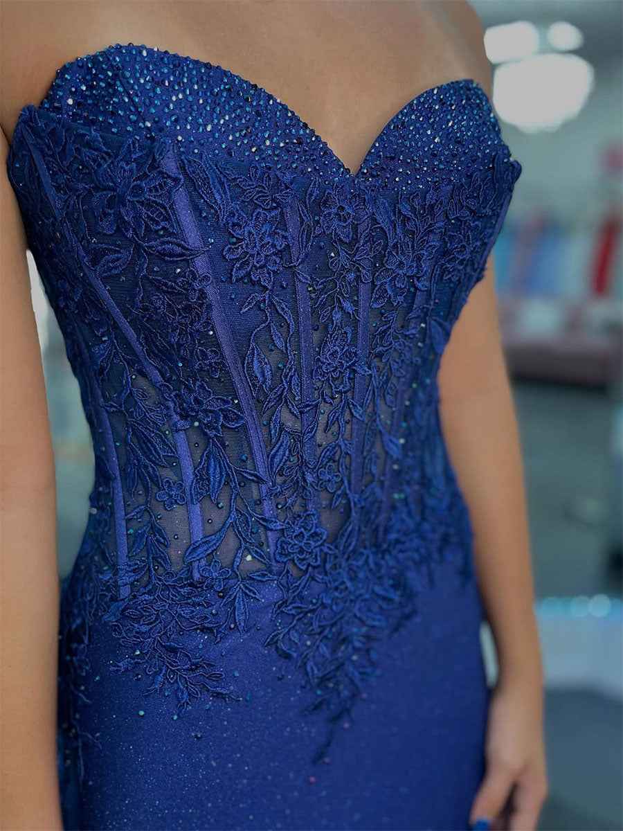 Glitter Sweetheart Sheer Lace Corset Prom Dress with Slit