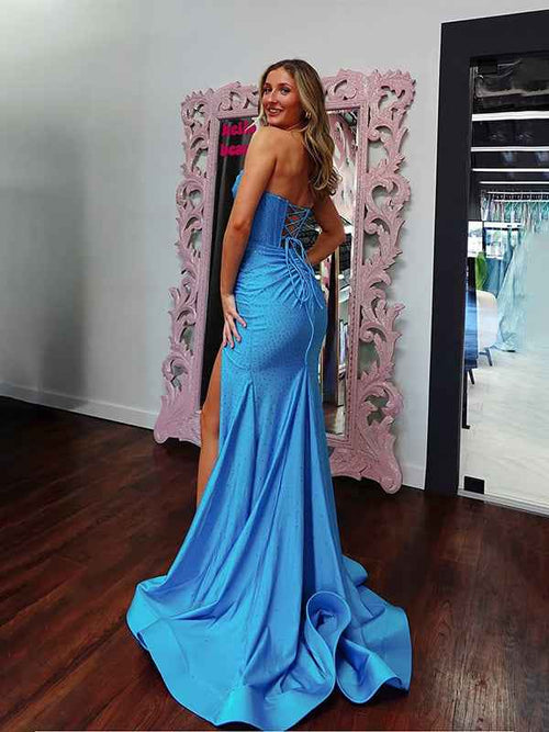 Glitter Blue Mermaid Strapless Satin Long Prom Dress with Slit BMBRIDE