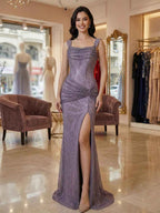 Glitter Lavender Off The Shoulder Shimmer Ruched Prom Dress with Slit