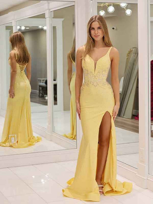 Glitter Yellow Mermaid V Neck Satin Long Prom Dress with Slit BMBRIDE