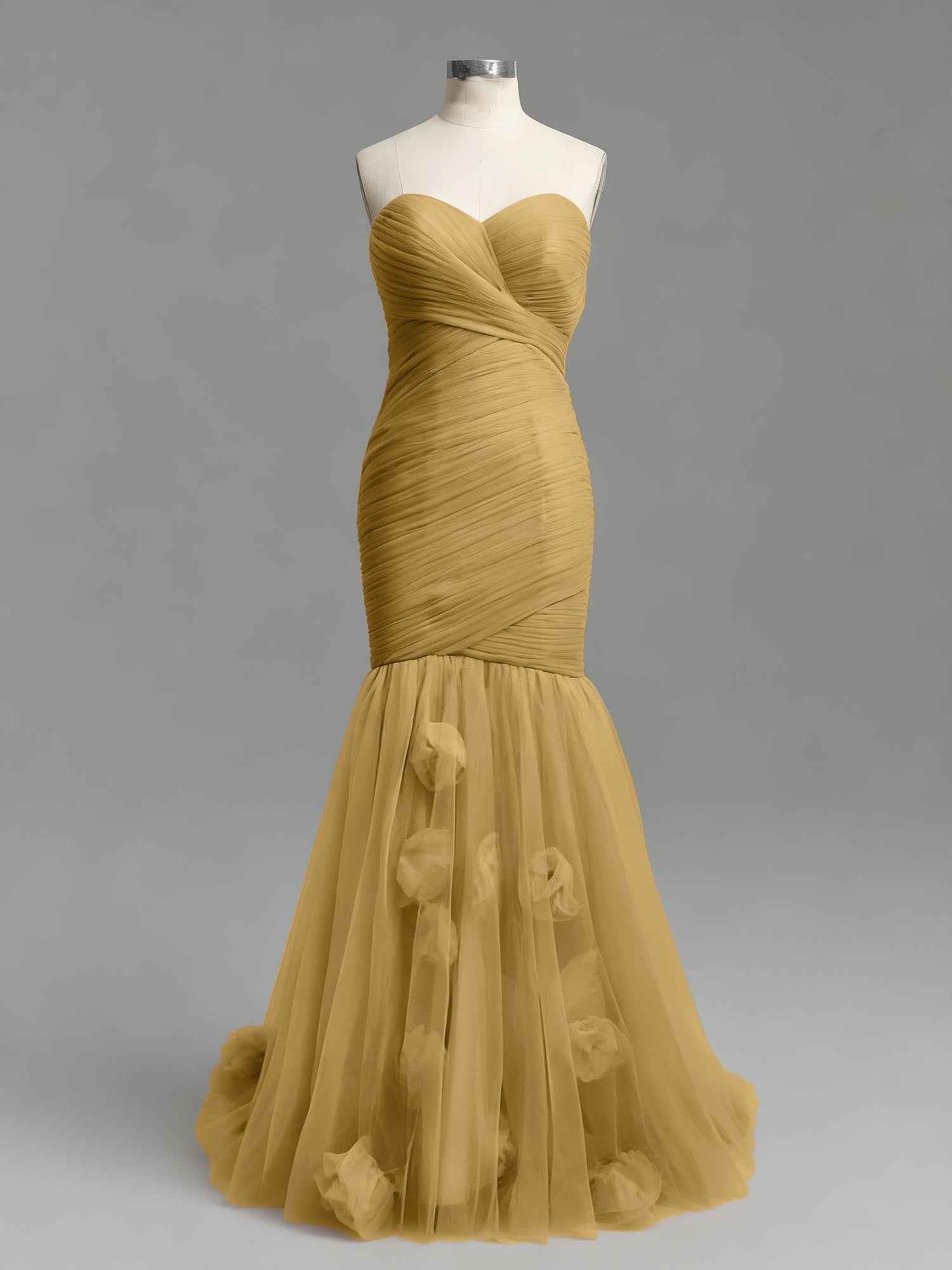 Dusty Rose Mermaid Strapless Ruched Tulle Prom Dress with 3D Floral