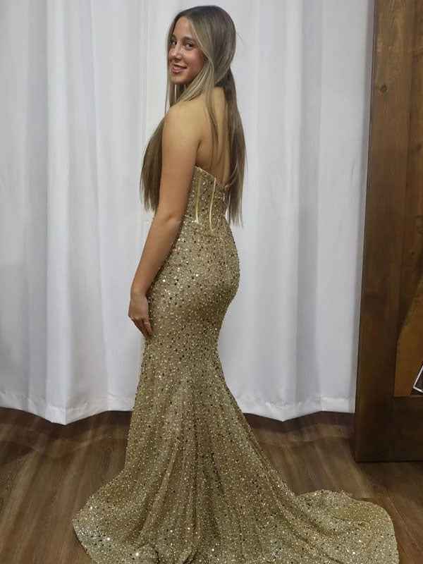 Sparkly Gold Mermaid Strapless Sequined Sleeveless Long Prom Dress