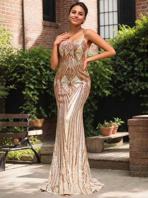 Sparkly Gold Mermaid Spaghetti Straps Corset Sequin Long Prom Dress BMBRIDE