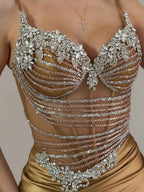 Gold Plunging V-Neck Beaded Bodice Satin Prom Dress with Slit