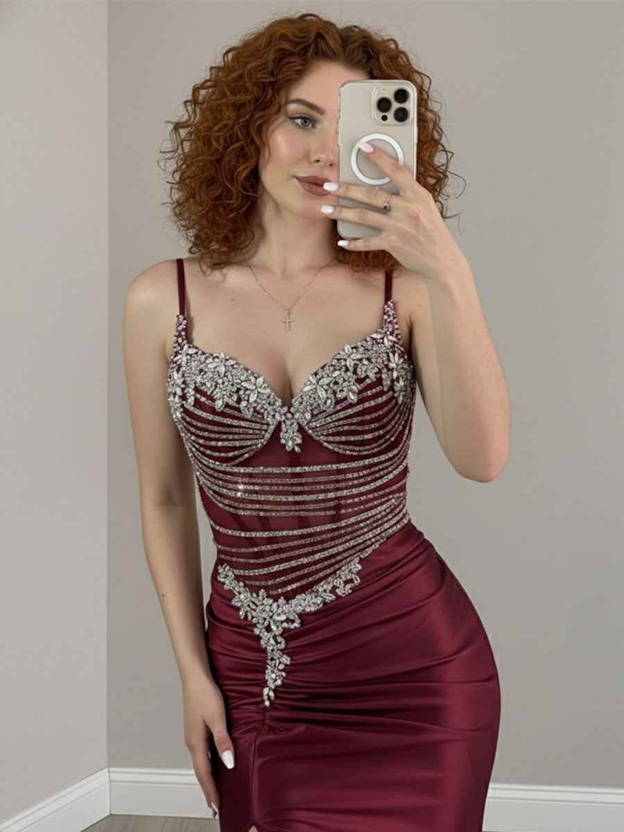 Gold Plunging V-Neck Beaded Bodice Satin Prom Dress with Slit