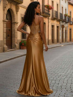 Gold Plunging V-Neck Beaded Bodice Satin Prom Dress with Slit