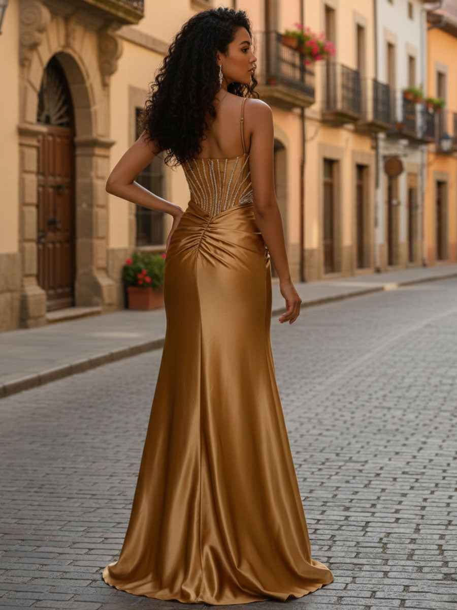 Gold Plunging V-Neck Beaded Bodice Satin Prom Dress with Slit