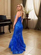 Gold Sequin V-Neck Metallic Embroidered Mermaid Prom Dress