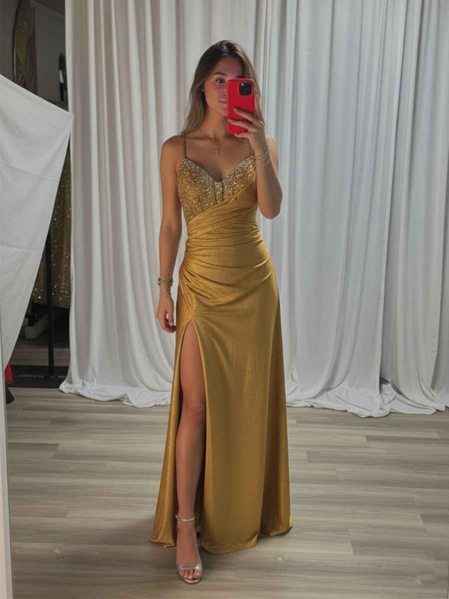 Beaded V Neck Corset Bodice Long Prom Dress with Slit