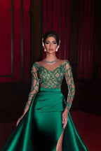 BMbride Gorgeous Long Emerald Beading Lace Split Prom dress With Long Sleeves BMbride