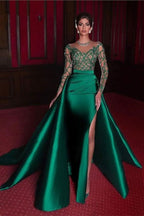 BMbride Gorgeous Long Emerald Beading Lace Split Prom dress With Long Sleeves BMbride