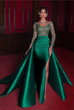 BMbride Gorgeous Long Emerald Beading Lace Split Prom dress With Long Sleeves BMbride