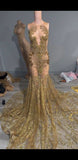 BMbride Gorgeous Long Gold Mermaid Lace Sleeveless Sexy Prom Dress BMbride