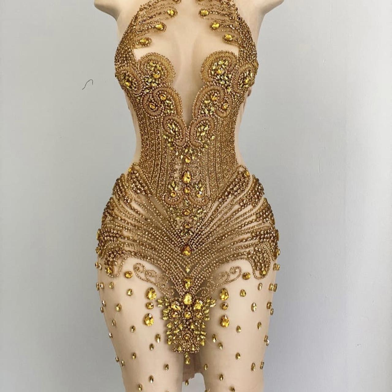 BMbride Gorgeous Long Gold Mermaid Lace Sleeveless Sexy Prom Dress BMbride