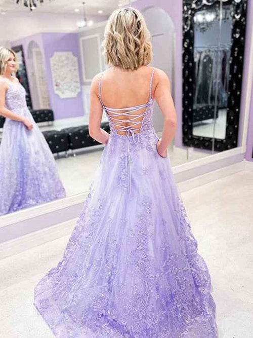 Purple A Line Spaghetti Straps Lace Tulle Long Prom Dress with Appliques BMBRIDE