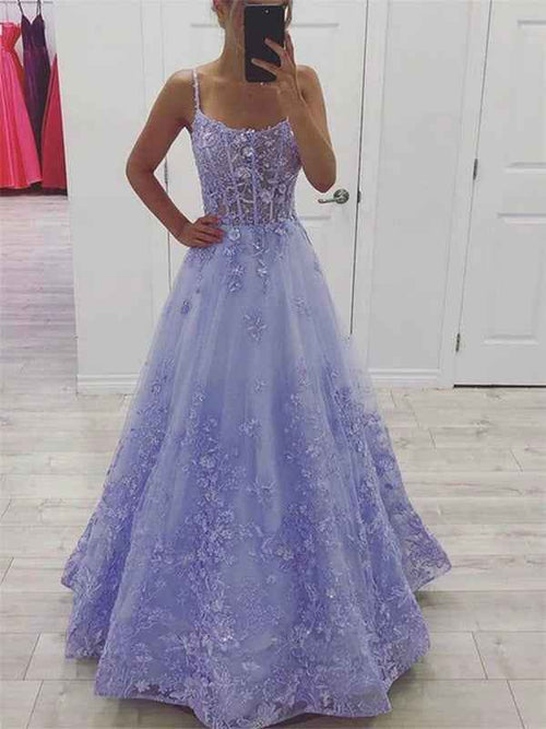 Purple A Line Spaghetti Straps Lace Tulle Long Prom Dress with Appliques BMBRIDE
