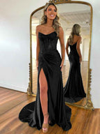 Green Mermaid Strapless Corset Beaded Prom Dress with Slit