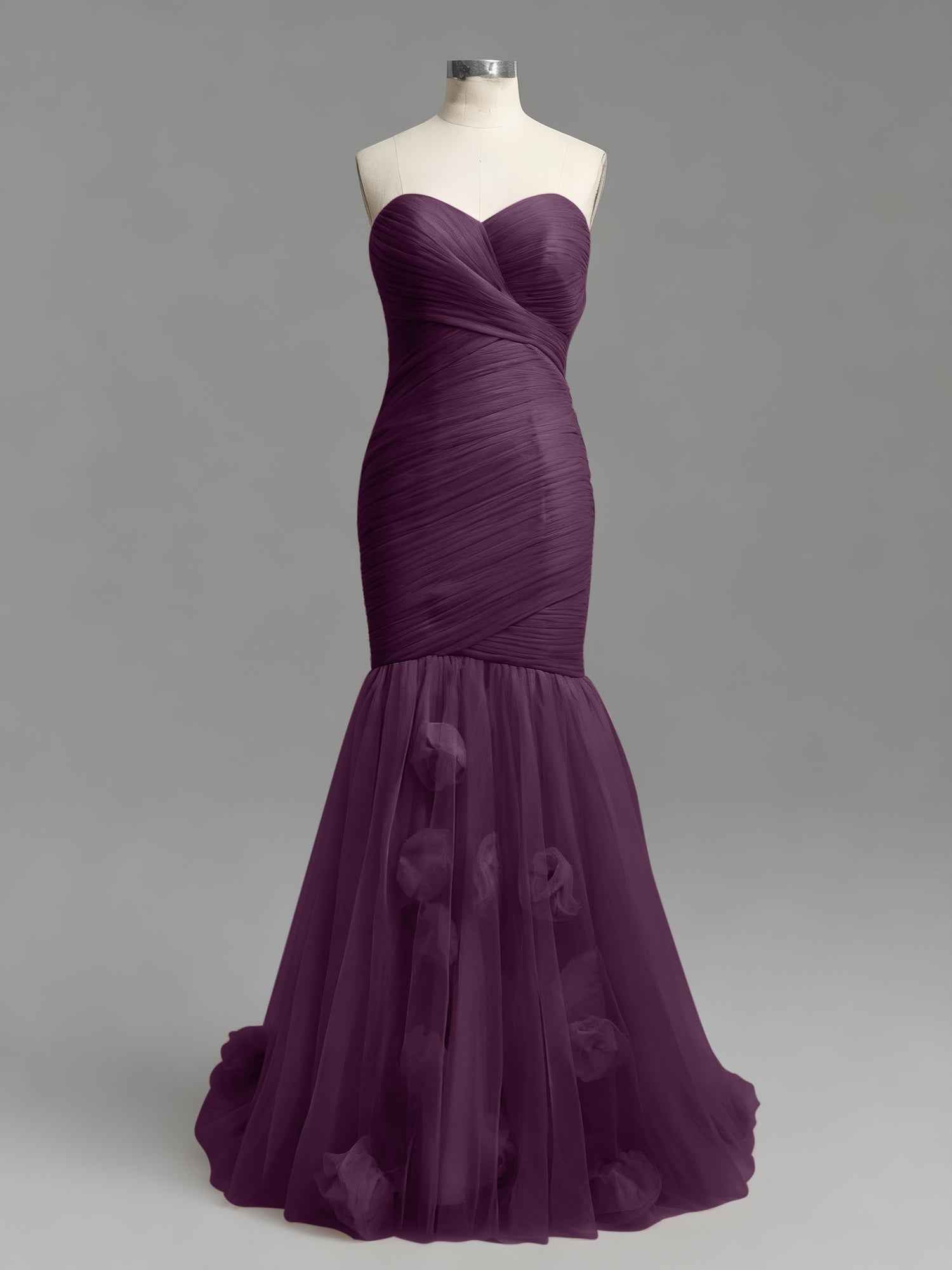 Dusty Rose Mermaid Strapless Ruched Tulle Prom Dress with 3D Floral