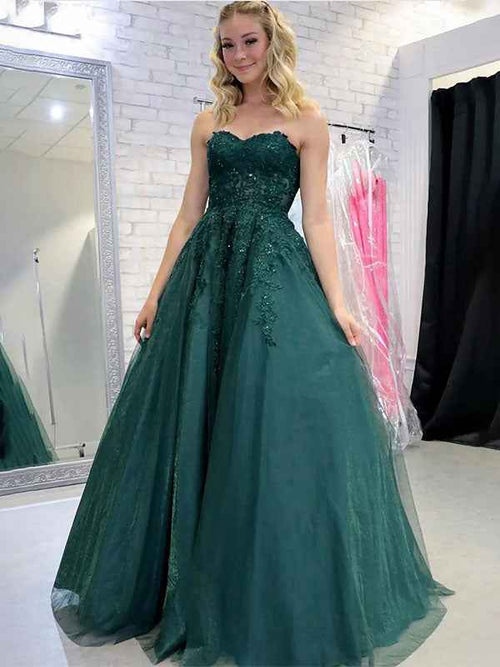 Green A-Line Strapless Sweetheart Tulle Long Prom Dress with Appliques BMBRIDE
