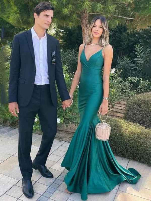 Dark Green Mermaid V-Neck Spaghetti Straps Pleated Long Prom Dress BMBRIDE