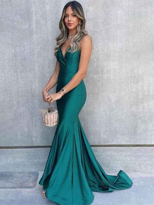 Dark Green Mermaid V-Neck Spaghetti Straps Pleated Long Prom Dress BMBRIDE