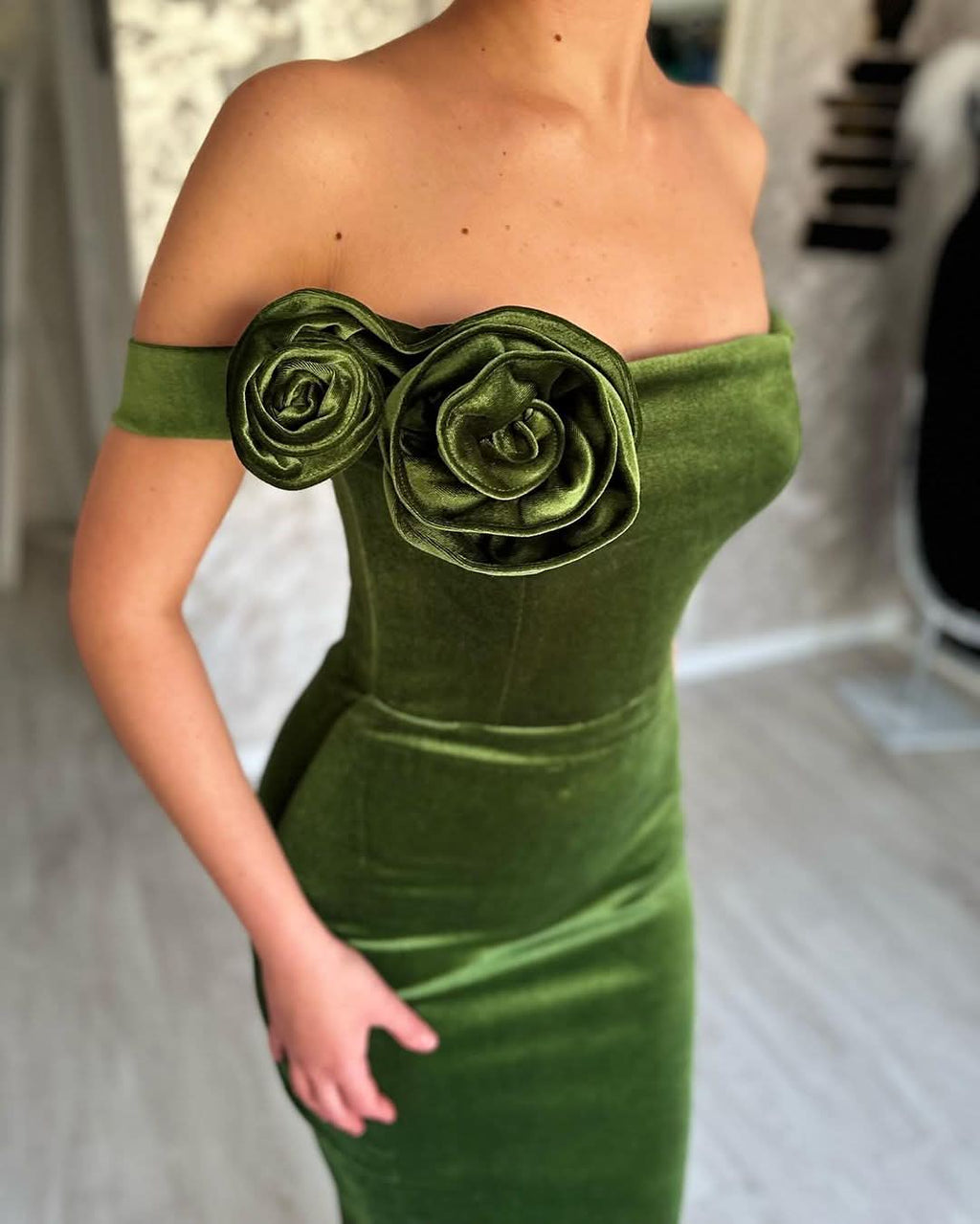 BMbride Green Mermaid Off the Shoulder Flowers Stain Prom Dress with Ruffles BMbride