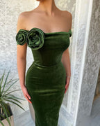 BMbride Green Mermaid Off the Shoulder Flowers Stain Prom Dress with Ruffles BMbride